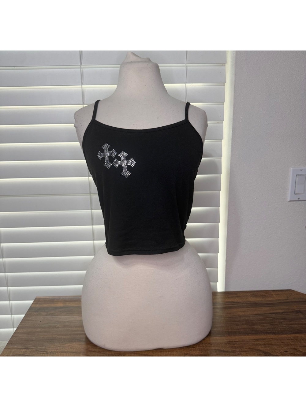ROMWE Black Rhinestone Cross Tank Top Size M